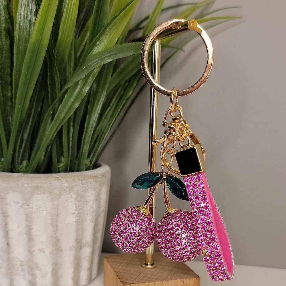 Pink Cherry Rhinestone Keychain Bag Charm - Picture 8 of 8